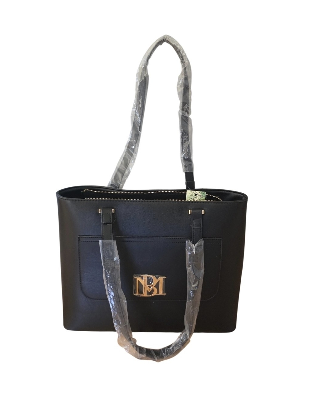 NWT Badgley Mischka Black Vegan Leather Tote Bag Gold Logo MSRP $149